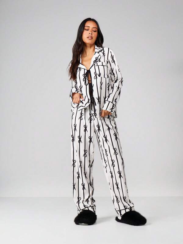 MISSGUIDED Long Sleeve Pajama Set With Bow Print