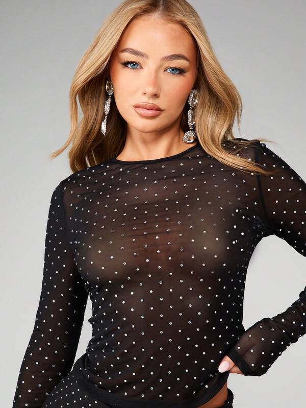 MISSGUIDED Long Sleeve Polka Dot Mesh Top