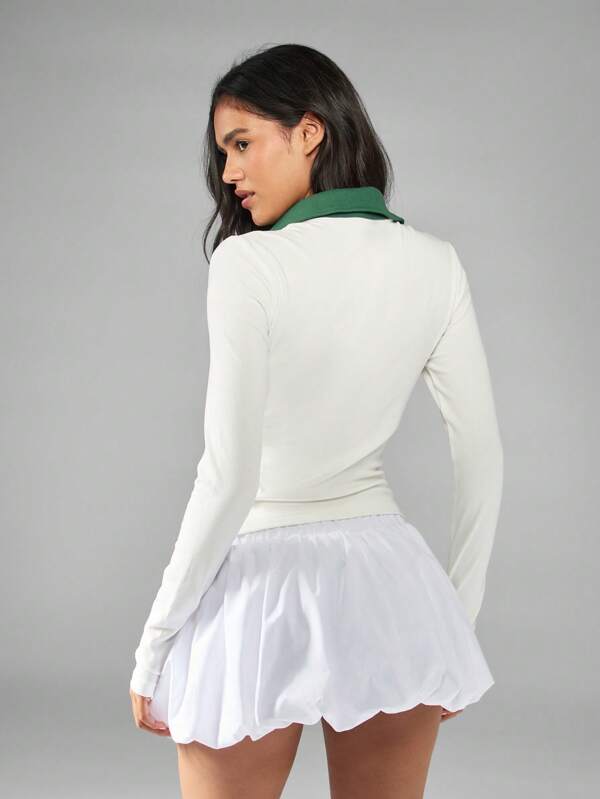 MISSGUIDED Long Sleeve Ribbed Polo Top With Contrast Collar