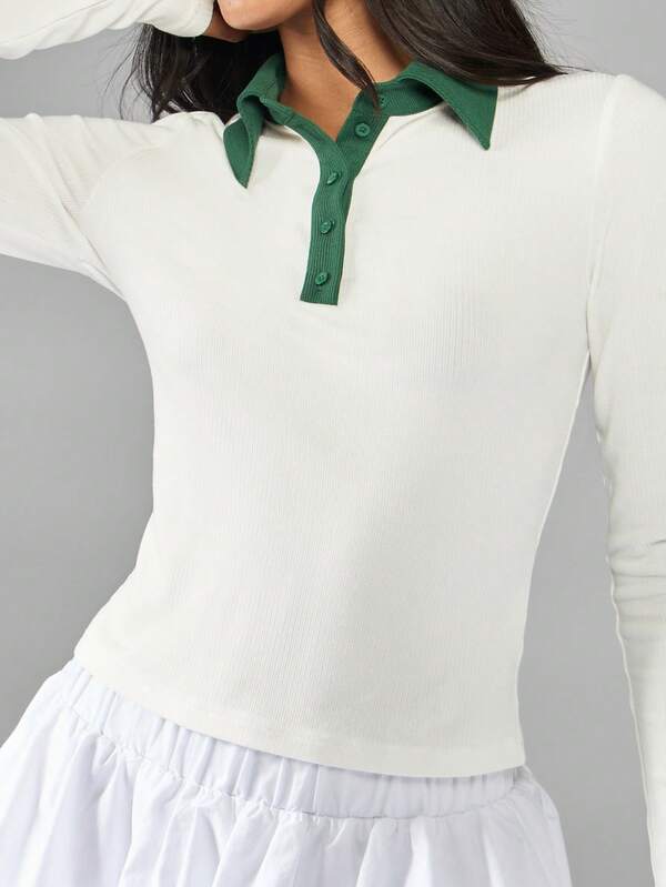 MISSGUIDED Long Sleeve Ribbed Polo Top With Contrast Collar