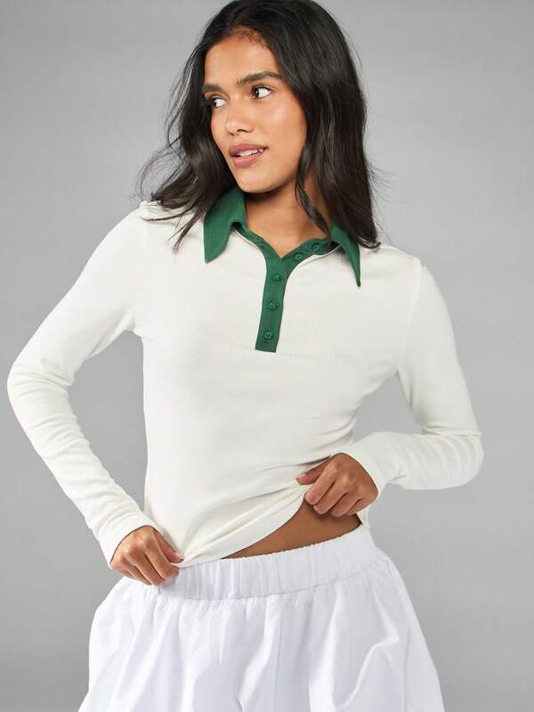 MISSGUIDED Long Sleeve Ribbed Polo Top With Contrast Collar