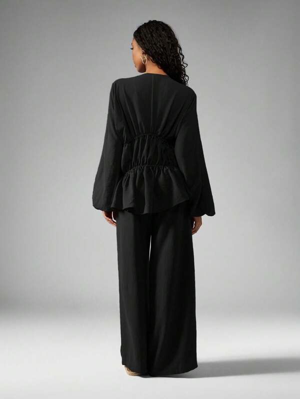 MISSGUIDED Long Sleeve Ruched Blouse And Wide Leg Pants Set