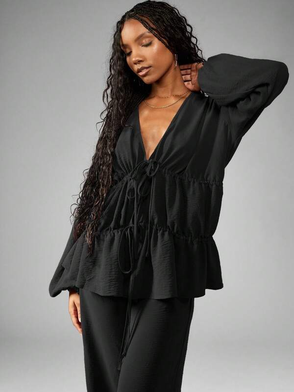 MISSGUIDED Long Sleeve Ruched Blouse And Wide Leg Pants Set