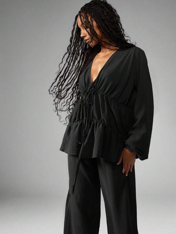 MISSGUIDED Long Sleeve Ruched Blouse And Wide Leg Pants Set