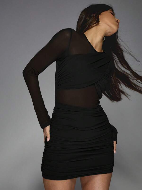 MISSGUIDED Long Sleeve Ruched Bodycon Mesh Panel Mini Dress