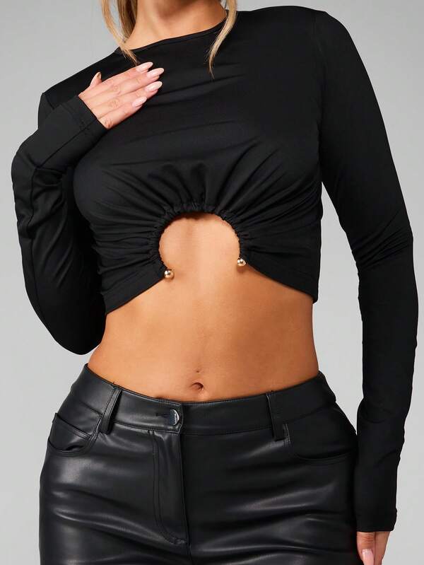 MISSGUIDED Long Sleeve Ruched Crop Top With Metal Ball Detail