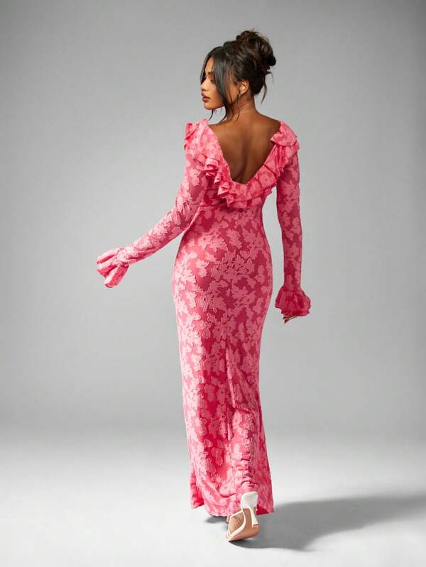 MISSGUIDED Long Sleeve Ruffle Detail Floral Lace Plunge Neckline Empire Waist Floor Length Maxi Dress