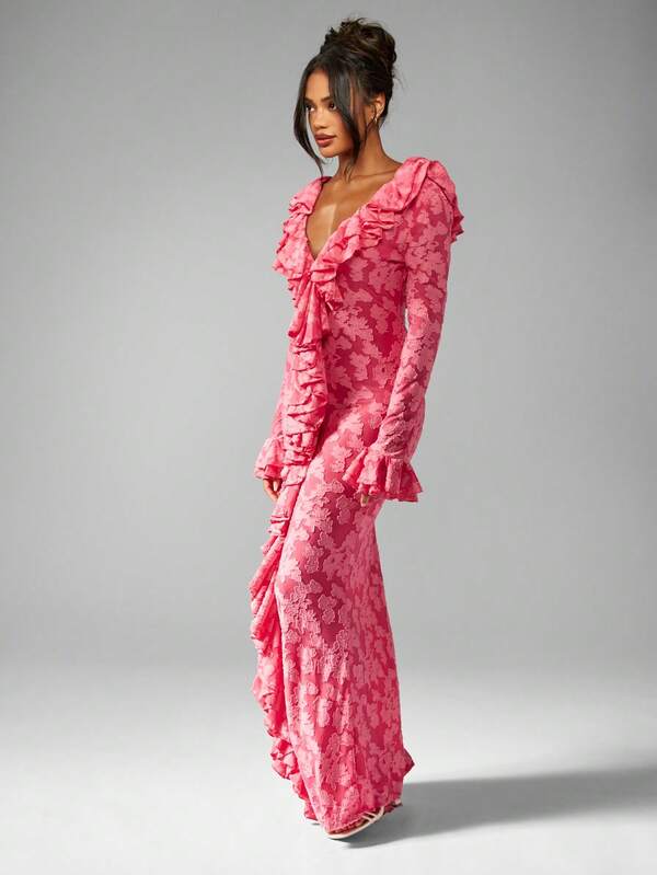 MISSGUIDED Long Sleeve Ruffle Detail Floral Lace Plunge Neckline Empire Waist Floor Length Maxi Dress