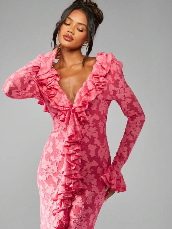 MISSGUIDED Long Sleeve Ruffle Detail Floral Lace Plunge Neckline Empire Waist Floor Length Maxi Dress