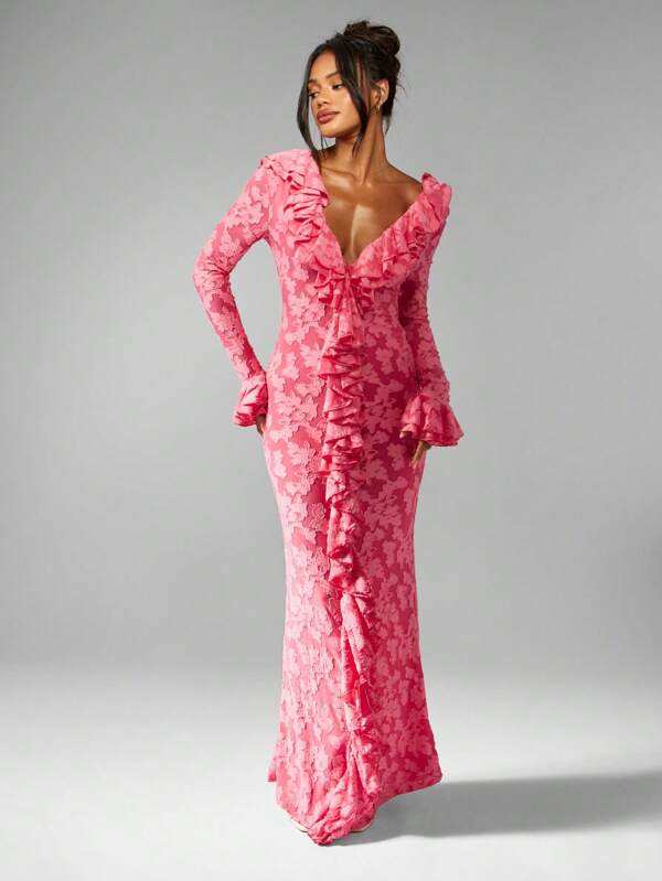 MISSGUIDED Long Sleeve Ruffle Detail Floral Lace Plunge Neckline Empire Waist Floor Length Maxi Dress