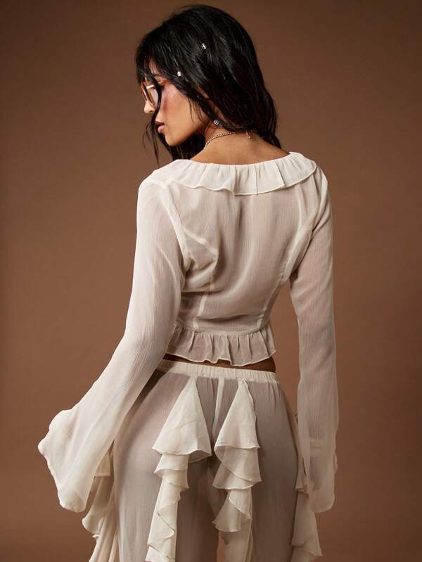 MISSGUIDED Long Sleeve Ruffled Crop Peasant Style Tie Front Blouse