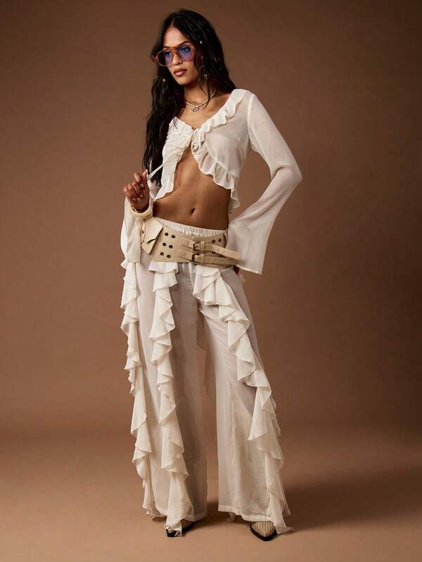 MISSGUIDED Long Sleeve Ruffled Crop Peasant Style Tie Front Blouse