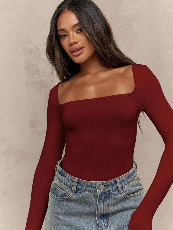 MISSGUIDED Long Sleeve Square Neck Bodysuit
