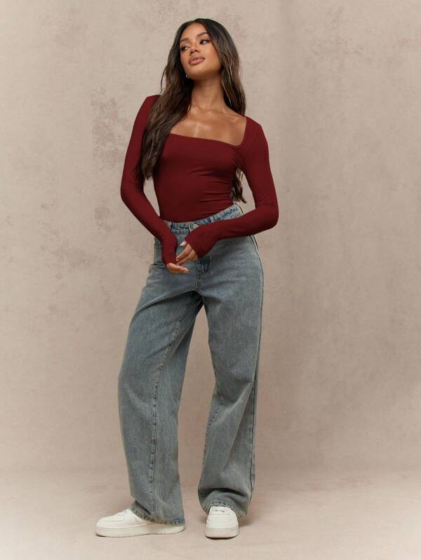 MISSGUIDED Long Sleeve Square Neck Bodysuit