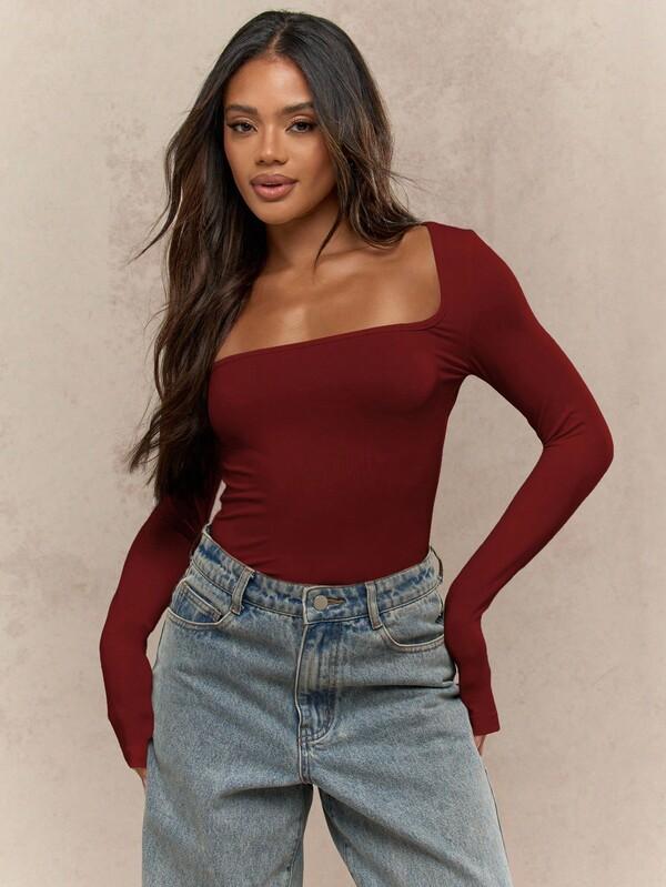 MISSGUIDED Long Sleeve Square Neck Bodysuit