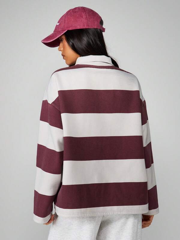 MISSGUIDED Long Sleeve Striped Rugby Sweatshirt With Collar