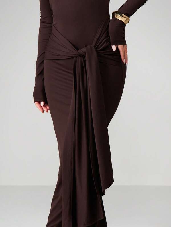 MISSGUIDED Long Sleeve Tie Waist Maxi Dress