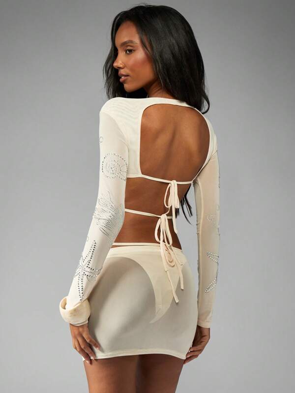 MISSGUIDED Long Sleeve Top And Mini Skirt With Rhinestone Design