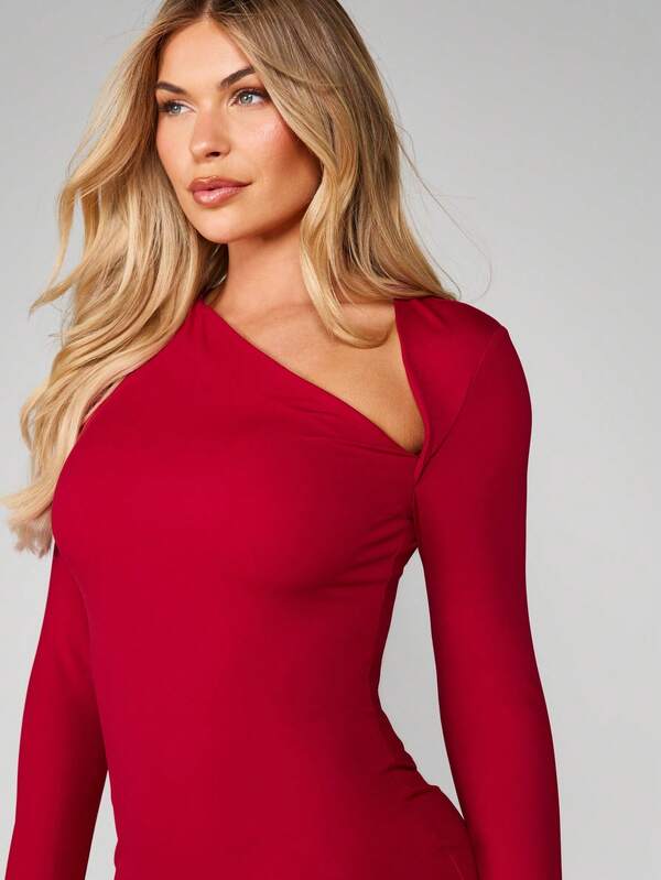 MISSGUIDED Long Sleeve V Neck Bodycon Mini