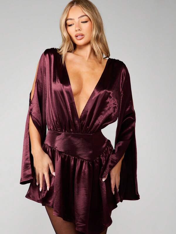 MISSGUIDED Long Sleeve Velvet Wrap Mini Dress