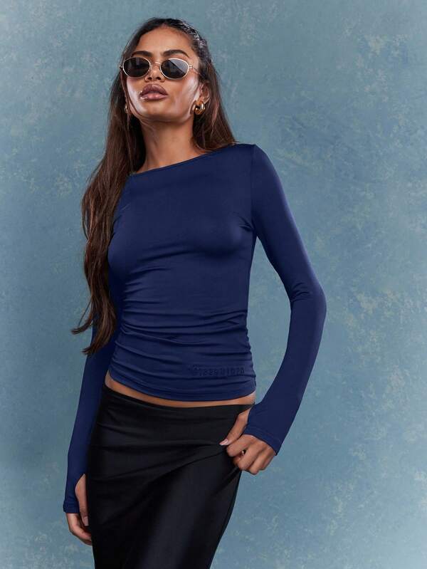 MISSGUIDED Long Sleeve Wide Neck T-Shirt With Ruched Detail