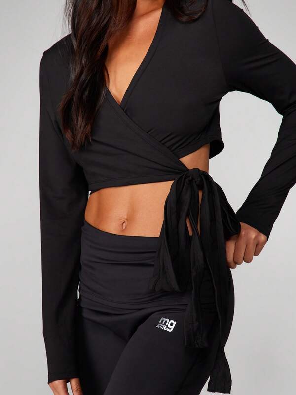 MISSGUIDED Long Sleeve Wrap Crop Top With Tie
