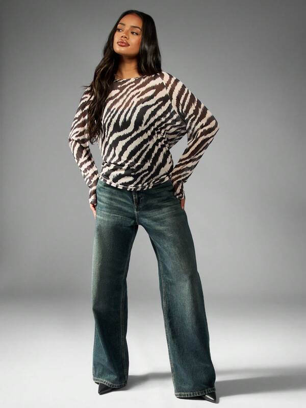 MISSGUIDED Long Sleeve Zebra Print Top With Drop Shoulder
