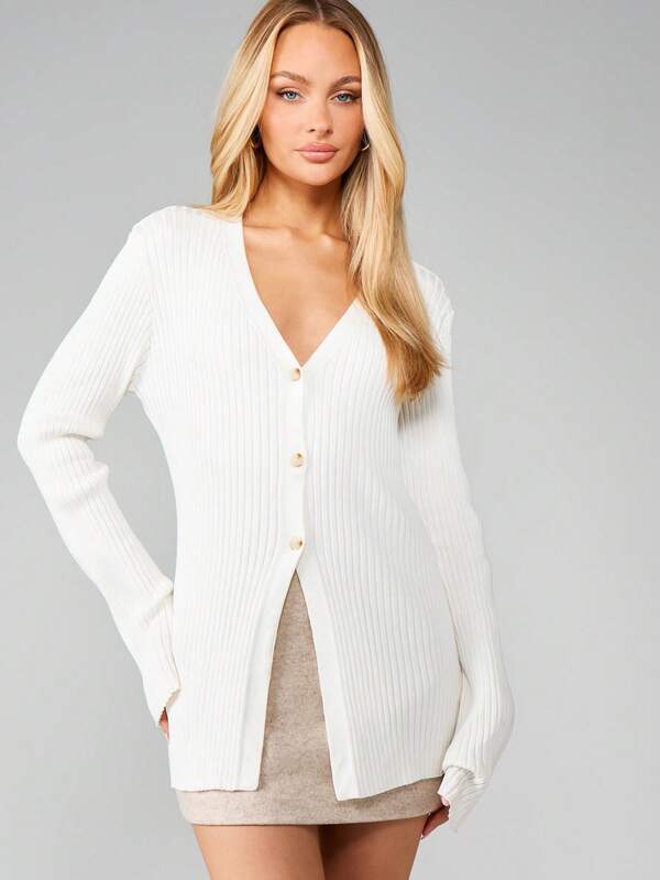 MISSGUIDED Longline Ribbed V Neck Cardigan With Buttons