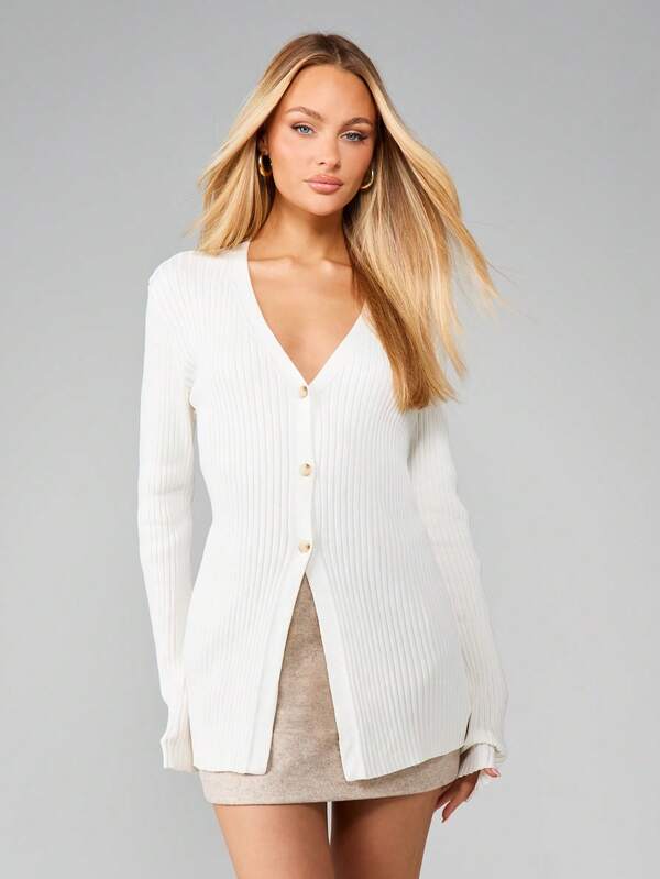 MISSGUIDED Longline Ribbed V Neck Cardigan With Buttons