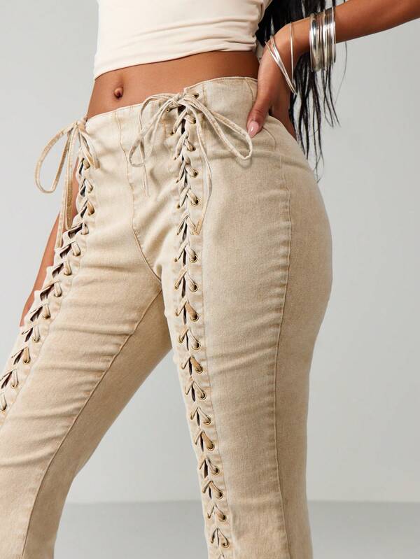MISSGUIDED Low Rise Lace Up Acid Wash Jeans