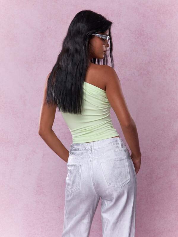 MISSGUIDED Lucky Charm One Shoulder Crop Top Sleeveless Irish-Themed Party Mint Ruched Tank St Patricks Day Celebration Spring Fashion Party Wear Club Night Out