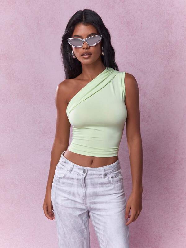 MISSGUIDED Lucky Charm One Shoulder Crop Top Sleeveless Irish-Themed Party Mint Ruched Tank St Patricks Day Celebration Spring Fashion Party Wear Club Night Out