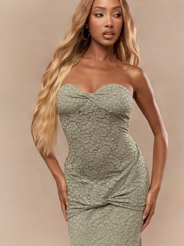 MISSGUIDED Lucky Charm Textured Sage Strapless Bodycon Maxi Evening Gown Special Occasion Dress For St. Patrick'S Day Party Irish-Themed Celebration Elegant Form-Fitting Long Formal Dress