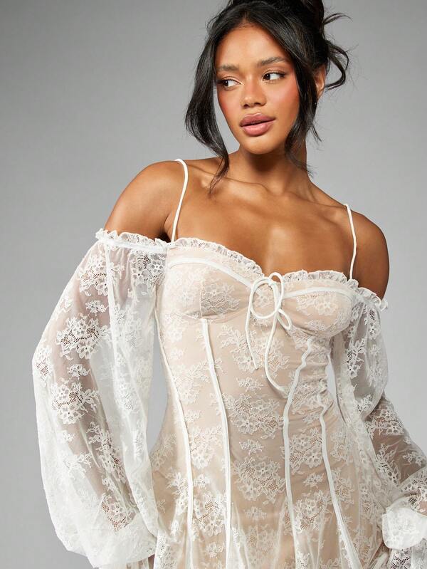 MISSGUIDED Luxurious Lace Corset Mini Dress With Balloon Sleeves Off Shoulder