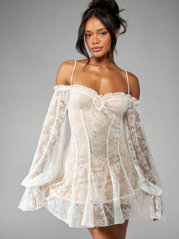 MISSGUIDED Luxurious Lace Corset Mini Dress With Balloon Sleeves Off Shoulder