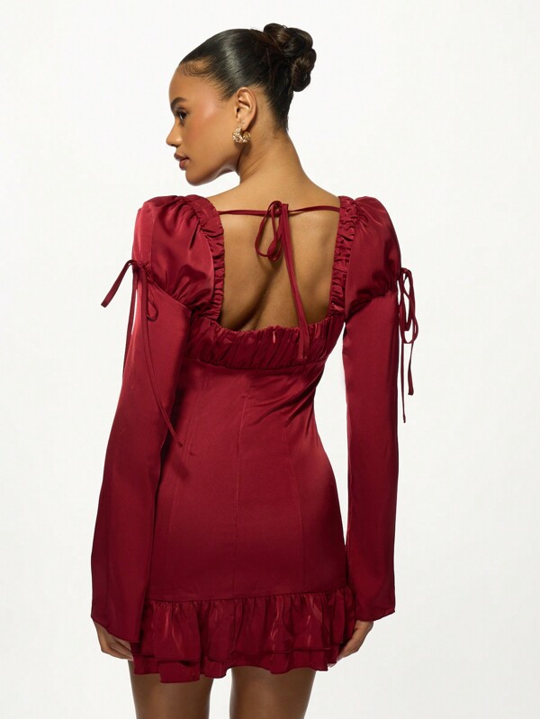 MISSGUIDED Luxurious Satin Puff Sleeve Ruched Bodice Drawstring Mini Dress