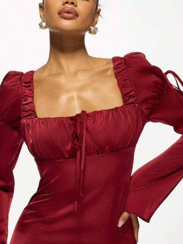MISSGUIDED Luxurious Satin Puff Sleeve Ruched Bodice Drawstring Mini Dress