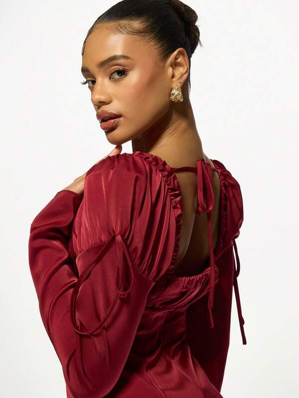 MISSGUIDED Luxurious Satin Puff Sleeve Ruched Bodice Drawstring Mini Dress
