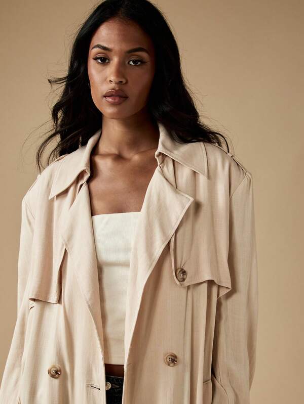 MISSGUIDED Luxury Linen Feel Oversized Trench Coat Double Breasted Maxi Length