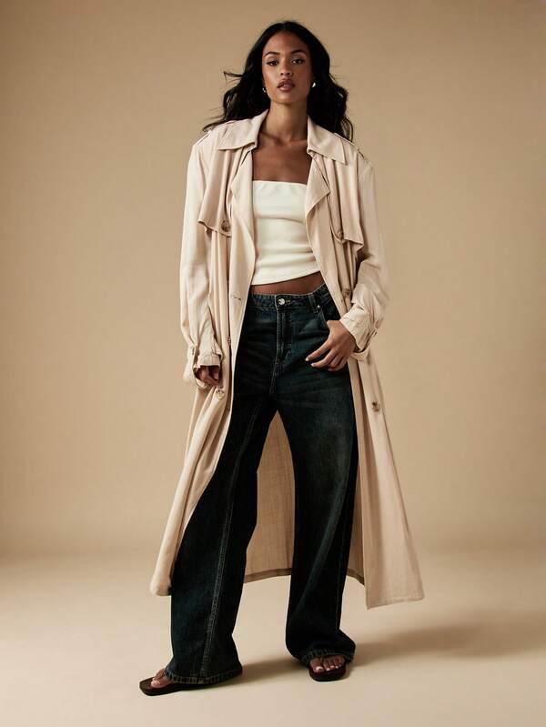 MISSGUIDED Luxury Linen Feel Oversized Trench Coat Double Breasted Maxi Length