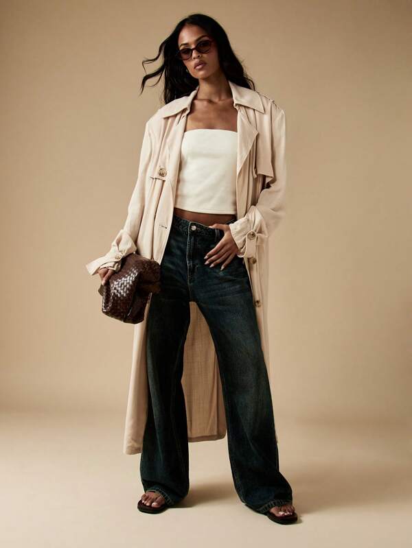 MISSGUIDED Luxury Linen Feel Oversized Trench Coat Double Breasted Maxi Length