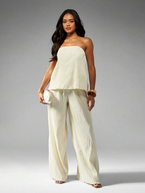 MISSGUIDED Luxury Plisse Bandeau Wide Leg Pants Co-Ord Set