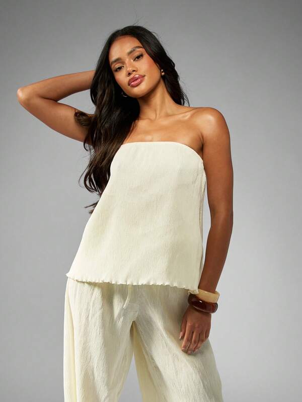 MISSGUIDED Luxury Plisse Bandeau Wide Leg Pants Co-Ord Set