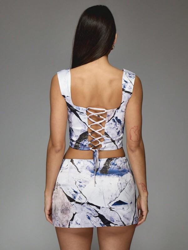 MISSGUIDED Marble Print Corset Top With Lace Up Back And Mini Skirt