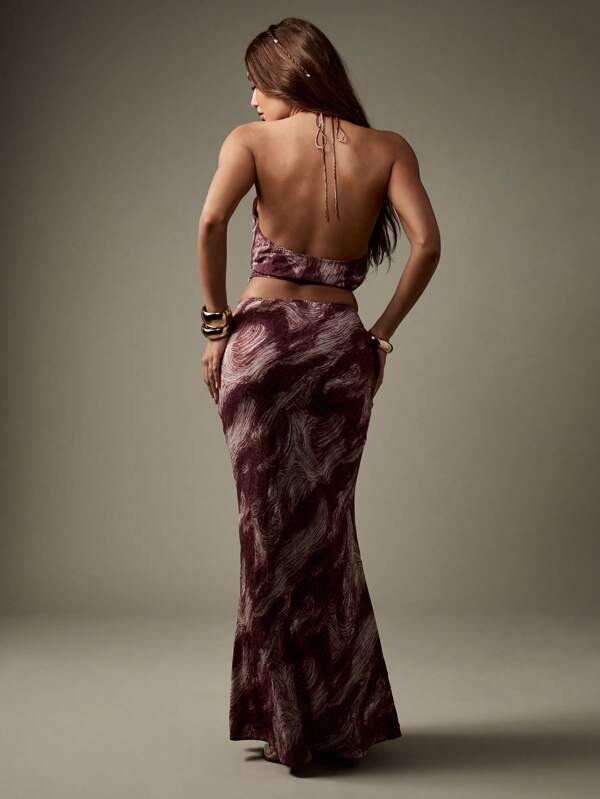 MISSGUIDED Marble Print Cowl Neck Halter Top With Maxi Skirt