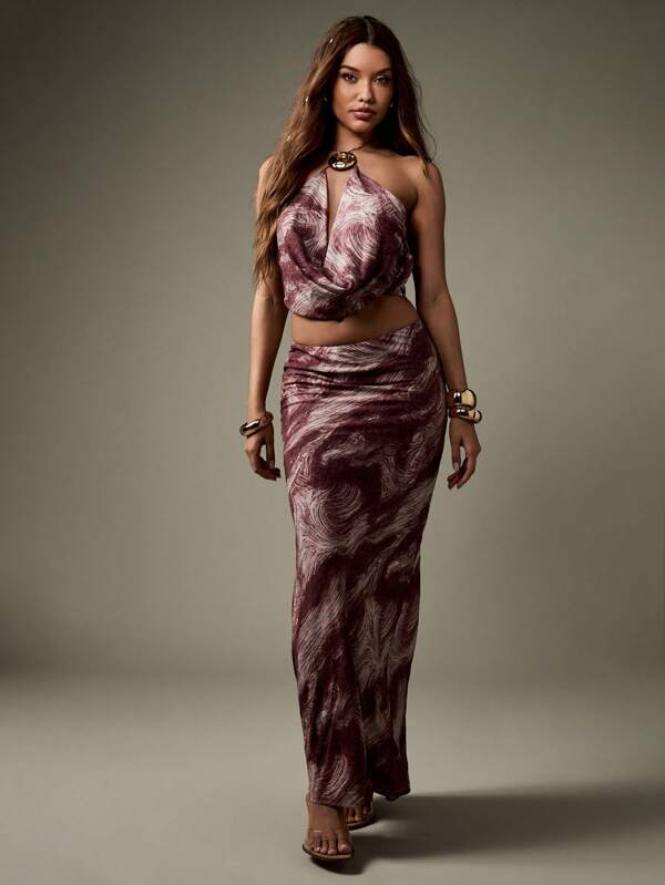 MISSGUIDED Marble Print Cowl Neck Halter Top With Maxi Skirt