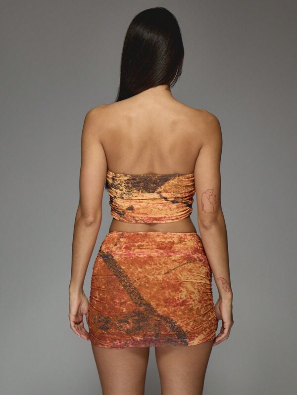 MISSGUIDED Marble Print Mesh Corset Bandeau Top And Ruched Bodycon Mini Skirt Two Piece Co Ord Set