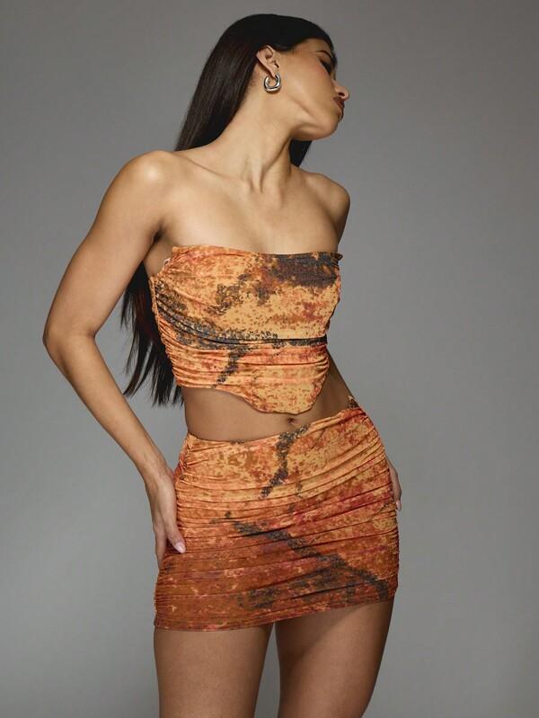MISSGUIDED Marble Print Mesh Corset Bandeau Top And Ruched Bodycon Mini Skirt Two Piece Co Ord Set