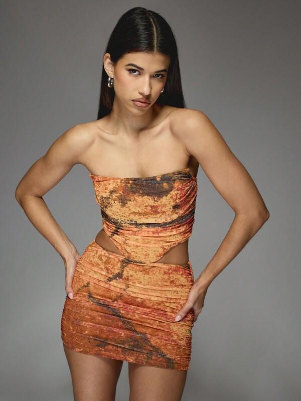 MISSGUIDED Marble Print Mesh Corset Bandeau Top And Ruched Bodycon Mini Skirt Two Piece Co Ord Set