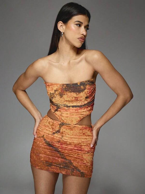 MISSGUIDED Marble Print Mesh Corset Bandeau Top And Ruched Bodycon Mini Skirt Two Piece Co Ord Set